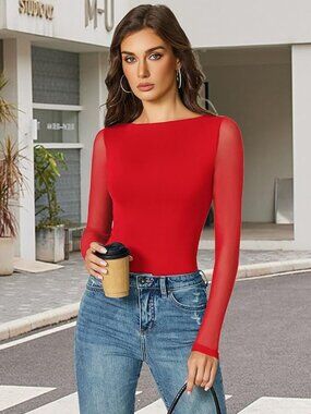 New Avidlove Long Sleeve Mesh  Crew Neck Shapewear Bodysuit